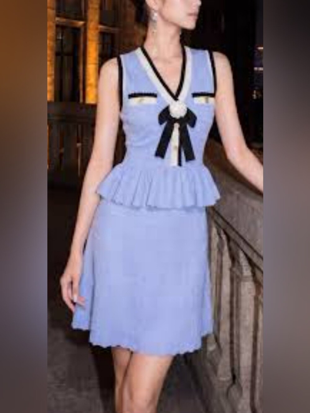 Self-Portrait Light Blue Peplum A-Line Skirt with Black Trim & Bow